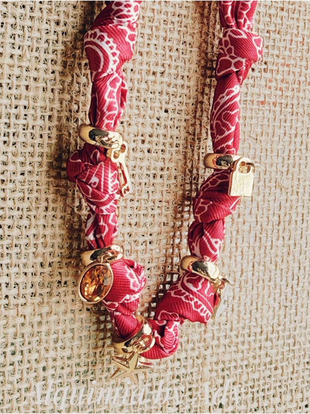 AMERICANA Red Patterned BANDANNA Fabric Necklace with Gold Accents